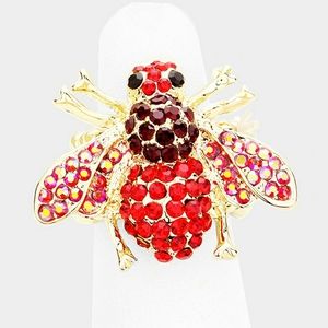 Gold Red Rhinestone Crystal Stretch HoneyBee Ring